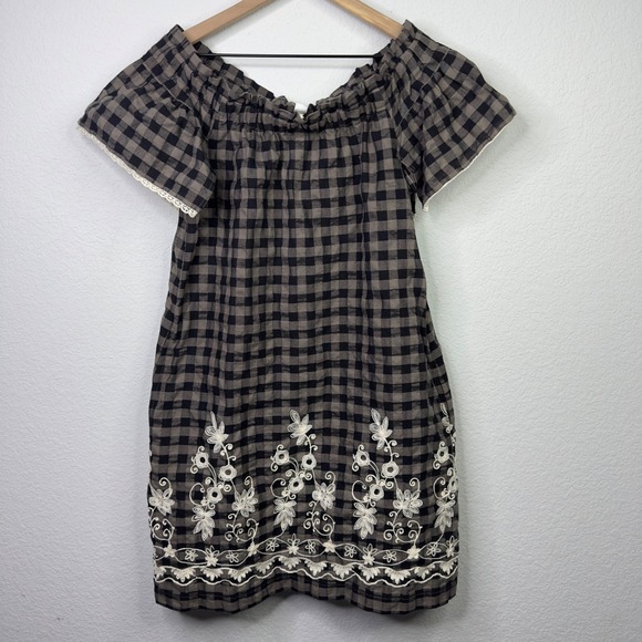 Uncle Frank Dresses & Skirts - Uncle Frank Dress S Gray White Gingham Embroidered Off Shoulder Cottage Vacation